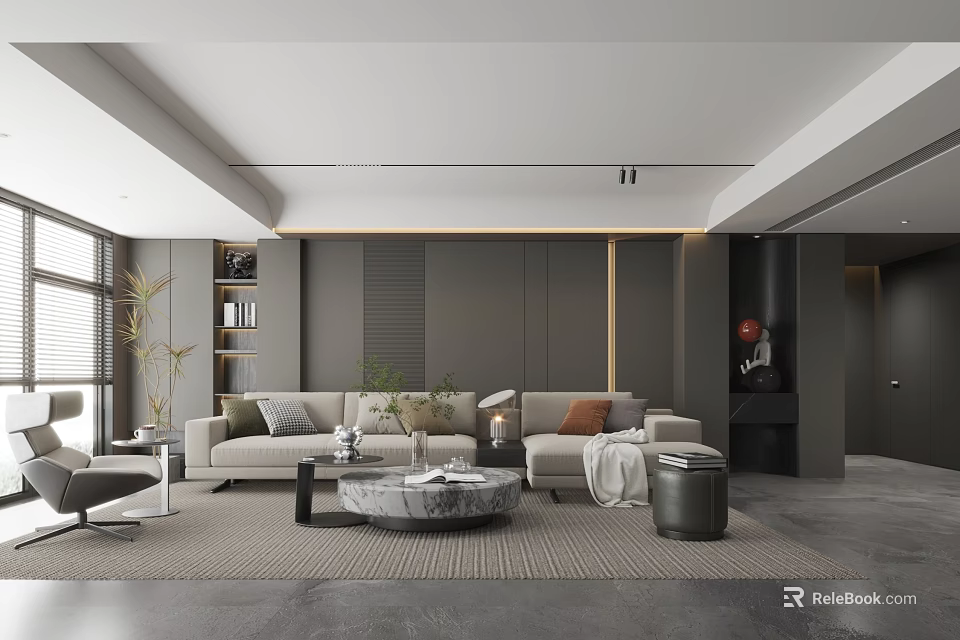 Modern Living Room Interior Design With Grey Walls Sofa Coffee Table Rug And Natural Light 3d model 