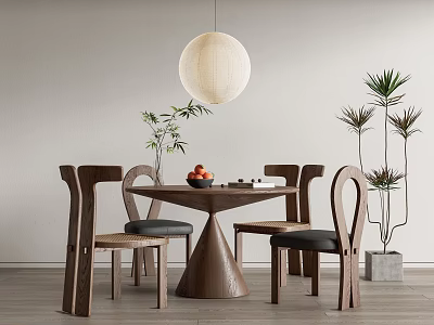 Modern Minimalist Dining Table Set With Wooden Chairs Fruit Bowl And Pendant Light 3d model