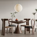 Modern Minimalist Dining Table Set With Wooden Chairs Fruit Bowl And Pendant Light