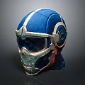 Futuristic Combat Helmet With Blue And White Stripe Silver Metallic Visor
