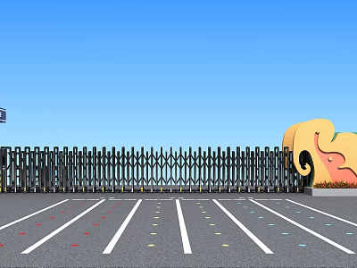 Building Exterior Wall With Black Retractable Gate And Yellow Sculpture In Parking Lot 3d model