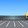 Building Exterior Wall With Black Retractable Gate And Yellow Sculpture In Parking Lot