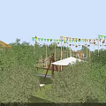 Tranquil Garden Landscape Design With Wooden Platforms Colorful Bunting Pavilion And Umbrellas