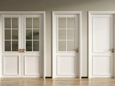 White Double Doors with Glass Panels and Golden Handles in Modern Interior 3d model