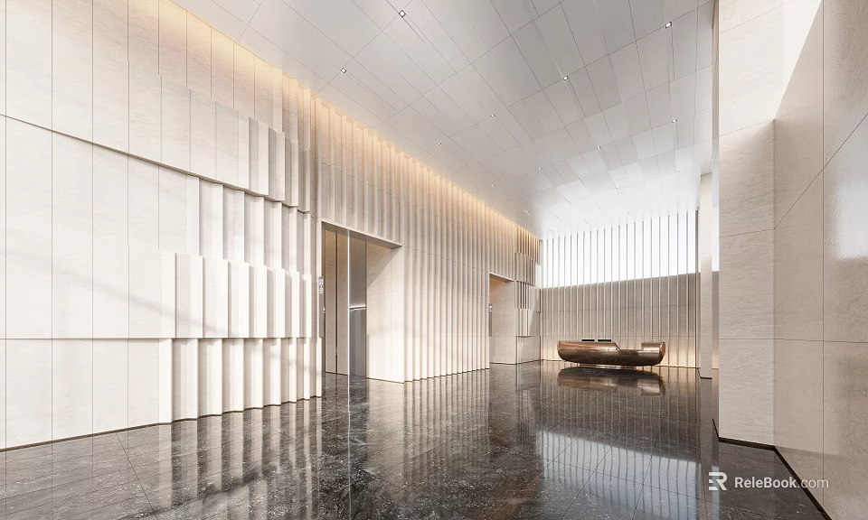 Modern Reception Desk Interior With Marble Counter And Stone Wall Design 3d model 