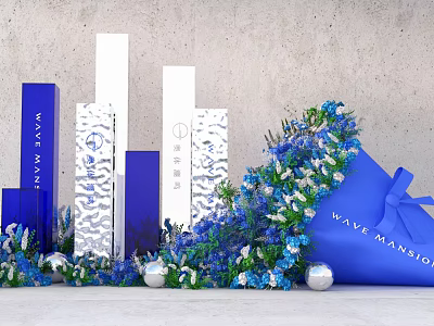 Blue And White Floral Decoration For Wave Mansion With Columns And Decorative Balls 3d model
