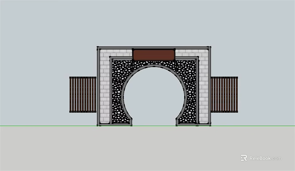 Traditional Chinese Circular Archway With Stone Wall Black Slatted Panels And Brown Top Beam 3d model 