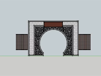 Traditional Chinese Circular Archway With Stone Wall Black Slatted Panels And Brown Top Beam 3d model