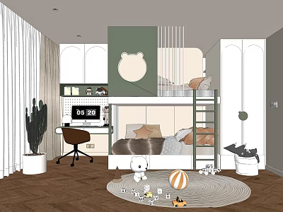 Kids Room Interior With Bunk Bed Study Desk Toy Rug And Bear Head Decor 3d model