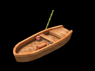 Wooden Boat Interior with Bamboo Pole Red Container and Scroll 3d model