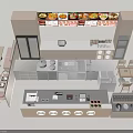 Modern Restaurant Interior With Menu Display Dining Tables And Kitchen Counter 3d model