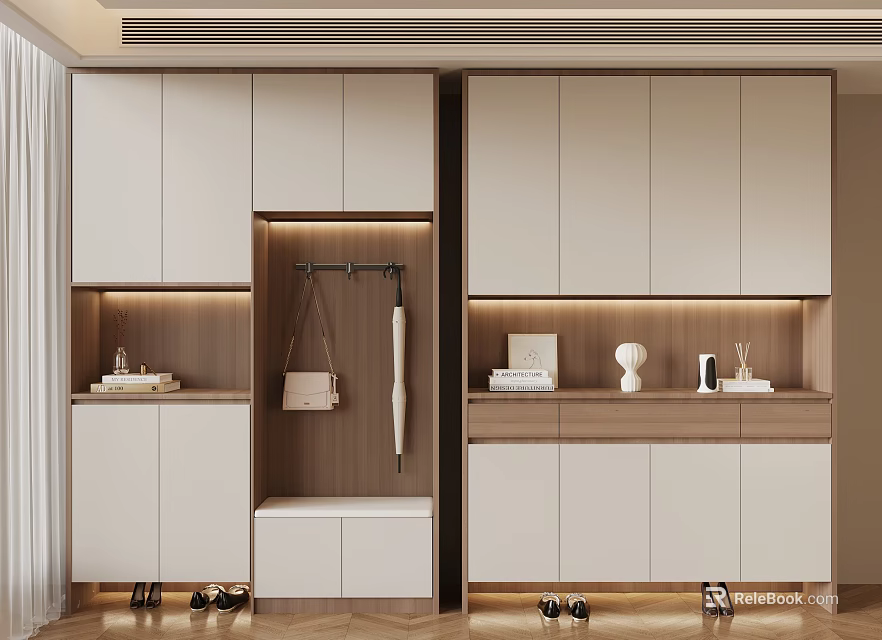 Modern Shoe Cabinet Integrated Storage Design With Wooden Panels And Hanging Area 3d model 