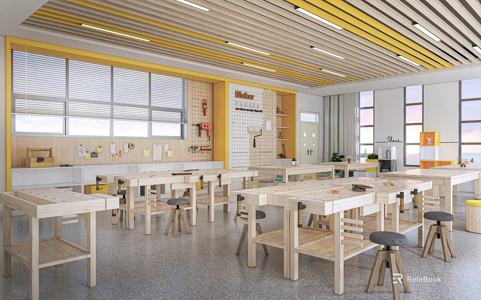 School Bright Craft Classroom With Wooden Tables And Tool Wall 3d model 