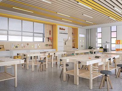School Bright Craft Classroom With Wooden Tables And Tool Wall 3d model
