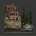Coastal Scene Decorative Model with Red Building Green Windows Orange Umbrellas Trees and Small Boat