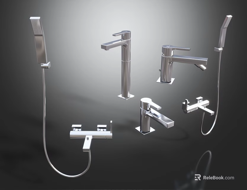 Sleek Shiny Metal Faucets Collection with Modern Bathroom Kitchen Taps Design 3d model 