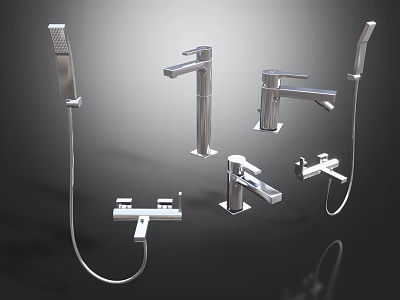 Sleek Shiny Metal Faucets Collection with Modern Bathroom Kitchen Taps Design 3d model