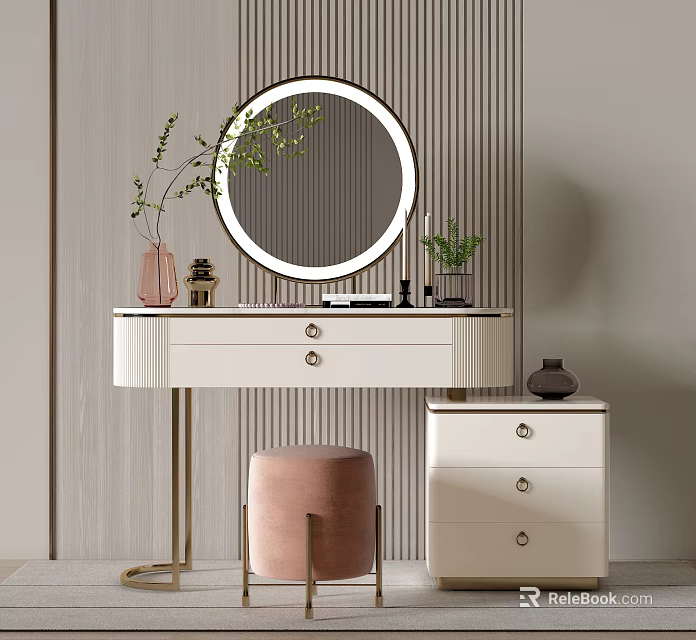 Elegant White Dressing Table With Gold Legs Round Mirror And Pink Stool In Modern Room 3d model 