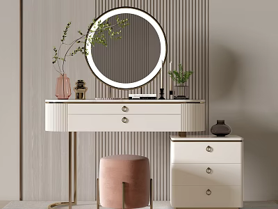 Elegant White Dressing Table With Gold Legs Round Mirror And Pink Stool In Modern Room 3d model
