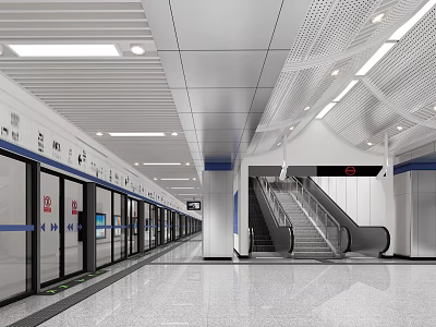 Modern Metro Station Platform With Glass Doors Escalators And Bright Lighting Design 3d model