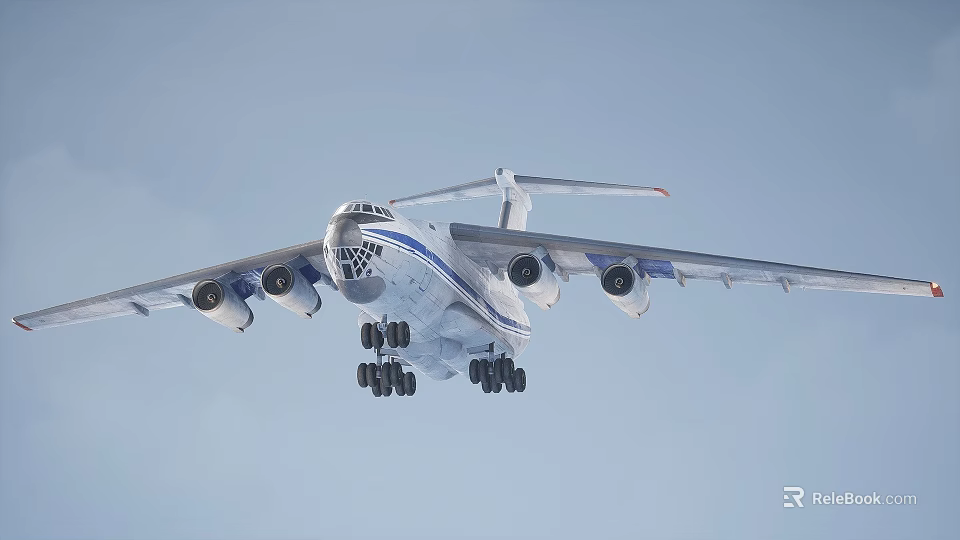Large Military Transport Aircraft In Flight With Extended Landing Gear And Blue Stripes 3d model 