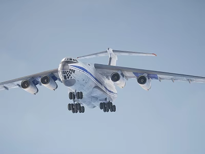 Large Military Transport Aircraft In Flight With Extended Landing Gear And Blue Stripes 3d model