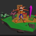 Fox Character With Tropical Plants Mangoes TNT Crates And Pink Crystal