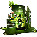 Green Themed Display Rack With Product Brand And Plant Decor