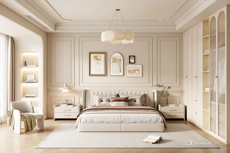 Elegant Modern Bedroom Interior Design With Upholstered Bed Nightstands Chandelier Wall Art And Rug 3d model 