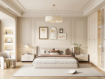 Elegant Modern Bedroom Interior Design With Upholstered Bed Nightstands Chandelier Wall Art And Rug 3d model