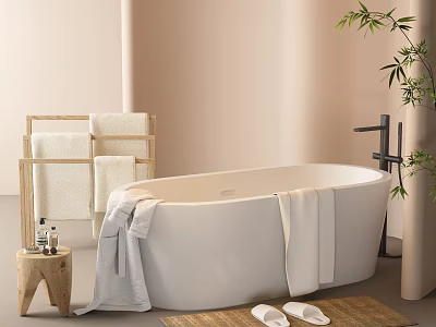 Modern Cozy Bathroom With Freestanding White Bathtub Towels Bamboo Plant And Slippers 3d model