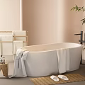 Modern Cozy Bathroom With Freestanding White Bathtub Towels Bamboo Plant And Slippers