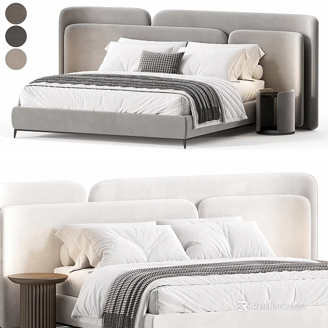 Modern Double Bed Design With Upholstered Headboard Soft Pillows And Nightstand 3d model 
