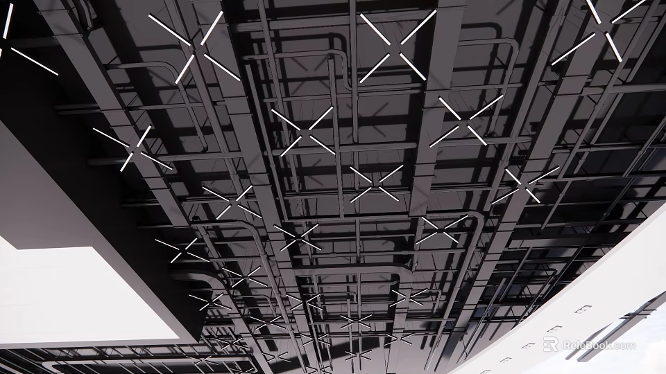 Modern Industrial Ceiling Design With Exposed Metal Grid Framework And Supports 3d model 