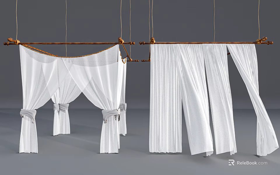 White Curtains Hanging On Wooden Rods With Bow Ties And Pleated Design 3d model 