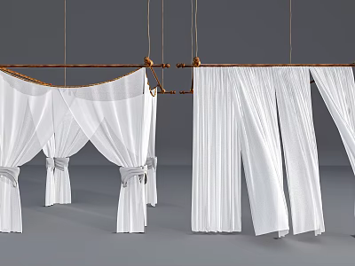White Curtains Hanging On Wooden Rods With Bow Ties And Pleated Design 3d model