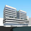 Modern Office Building With Glass Curtain Walls Multiple Floors And Water Pool Reflection