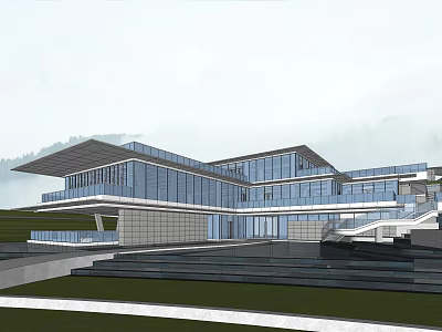 Modern Sales Office Building with Glass Curtain Walls Terraced Steps and Green Lawn Mountain Backdrop 3d model