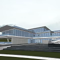 Modern Sales Office Building with Glass Curtain Walls Terraced Steps and Green Lawn Mountain Backdrop