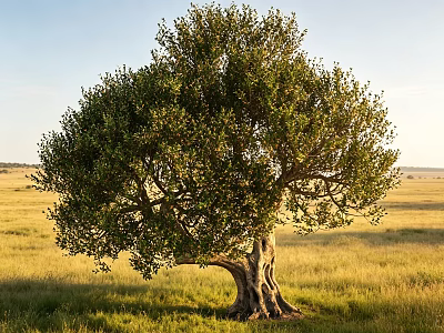 Solitary Tree In Vast Golden Grassland With Dense Green Foliage Under Clear Sky 3d model