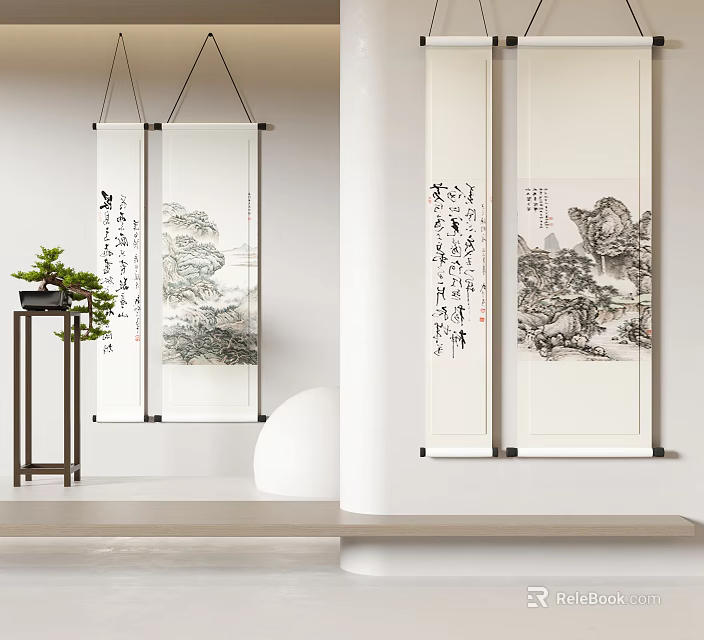 Traditional Chinese Scroll Paintings with Landscape Calligraphy and Potted Plant in Modern Interior 3d model 