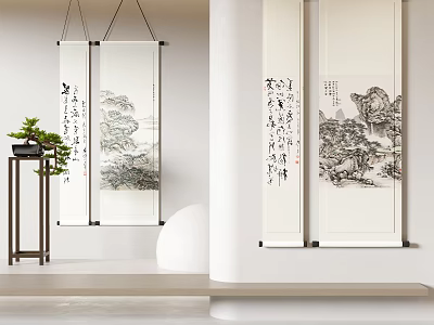 Traditional Chinese Scroll Paintings with Landscape Calligraphy and Potted Plant in Modern Interior 3d model