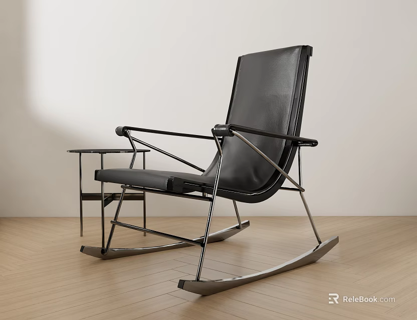 Modern Black Leather Leisure Rocking Chair With Metal Frame And Side Table On Wooden Floor 3d model 