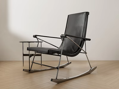 Modern Black Leather Leisure Rocking Chair With Metal Frame And Side Table On Wooden Floor 3d model