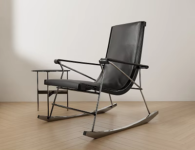Modern Black Leather Leisure Rocking Chair With Metal Frame And Side Table On Wooden Floor 3d model