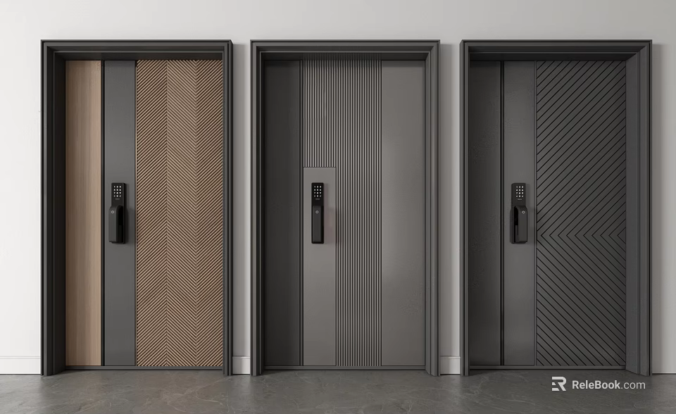 Modern Security Doors With Wood Grain Panels Vertical Stripes And Diagonal Textures 3d model 