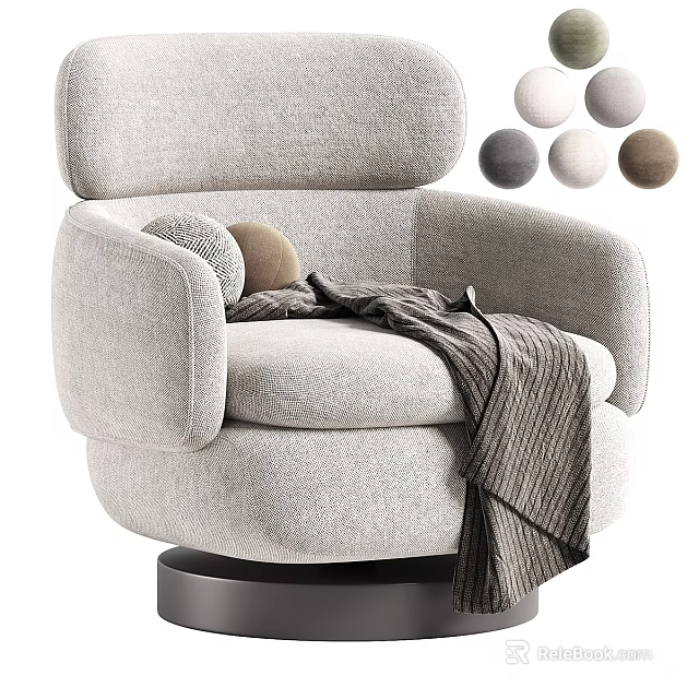 Modern Light Gray Single Sofa with Swivel Base Blanket Pillows and Color Swatches 3d model 