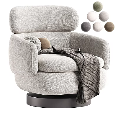 Modern Light Gray Single Sofa with Swivel Base Blanket Pillows and Color Swatches 3d model