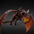 Mythical Red Dragon Flying with Large Membranous Wings Scales and Horned Head Against Dark Background