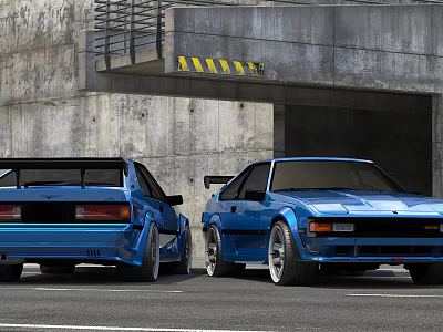 Two Blue Sports Cars Parked Near Concrete Structure With Tunnel Entrance And Yellow Warning Stripes 3d model